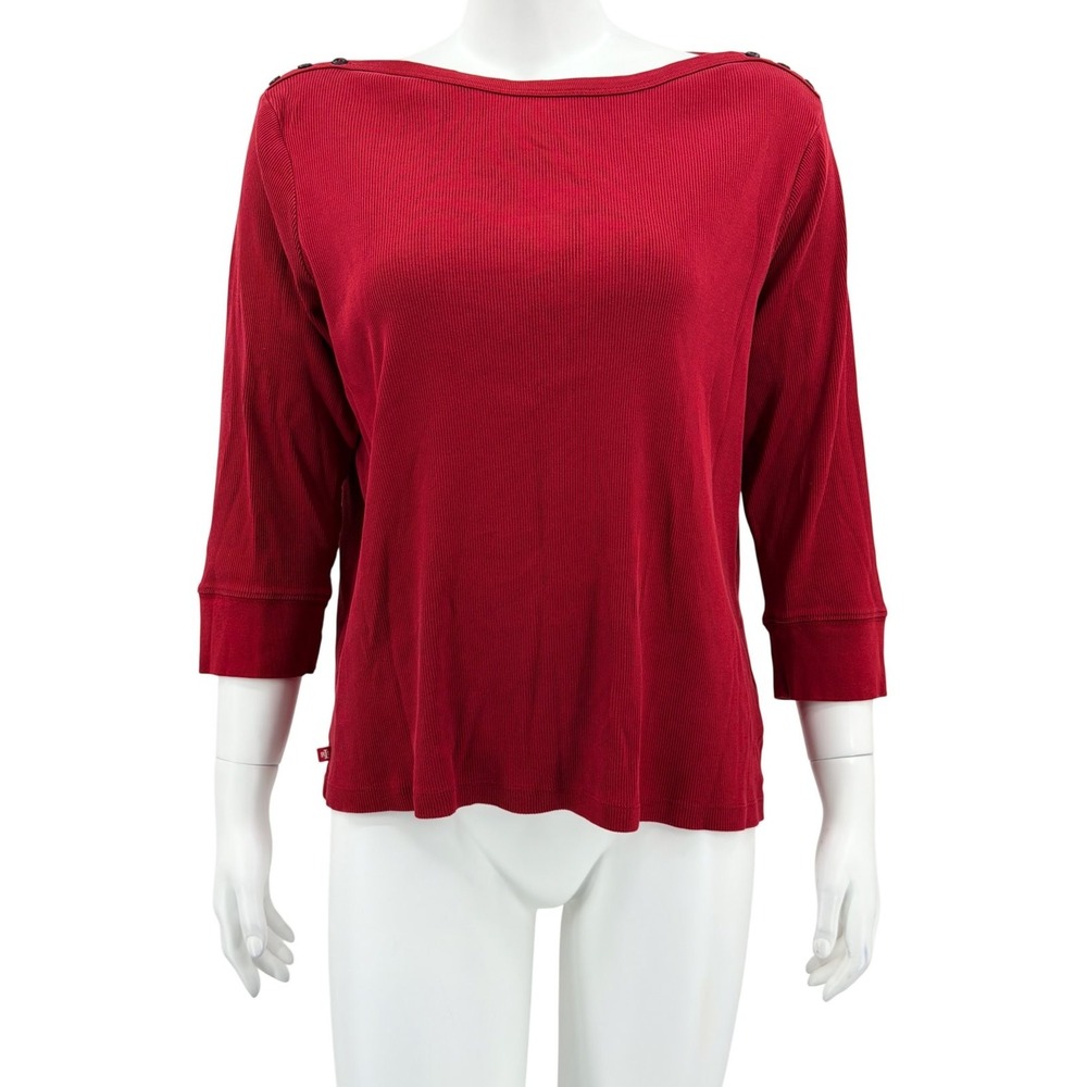 Lauren Ralph Lauren Top Womens 1X Red Ribbed Boat Neck Preppy Holiday Old Money